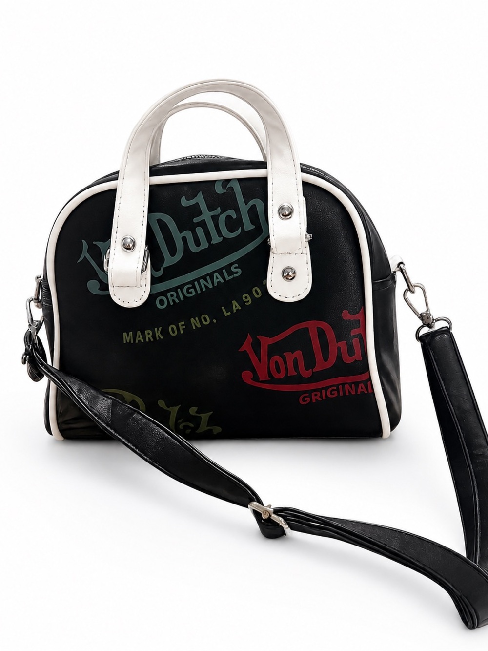 Von Dutch Black  mini bowling bag purse  with White Trim and graffiti Logos
